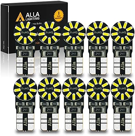 Alla Lighting CANBUS 194 LED Bulb Super Bright 168 175 2825 W5W Bulb 6000K White 3014 SMD 12V T10 LED Replacement Bulbs Car License Plate Interior Map Dome Trunk Door Courtesy Lights Bulbs (Set of 10)