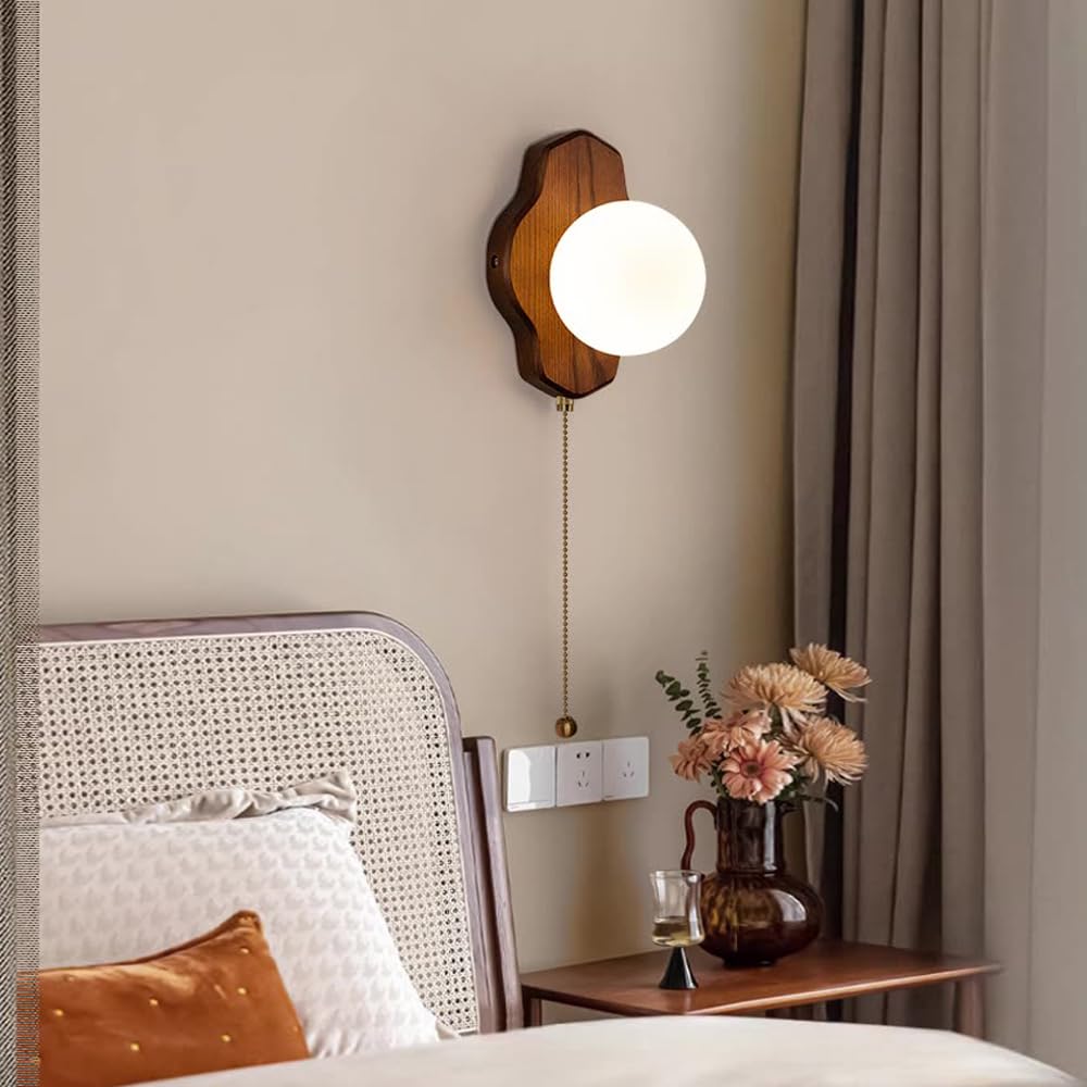 G9 Light Source Glass Shade Wall, Single Head Minimalist Wood Lamp, Modern Industrial Style Sconce, Bedroom Living Room Entryway Mounted Fixtures