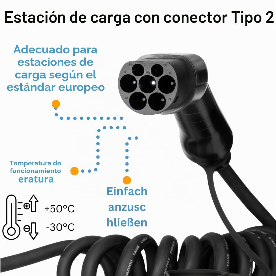 Cable de carga en espiral | Tipo 2 – 22 kW, 32 A, 3 fases, 3 m, para coches eléctricos, cable robusto de 3 m, IP54, certificado CE y TUV, para coches eléctricos tipo 2 en Europa