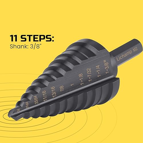 Miniatura 7 de Lichamp Unibit - Broca paso a paso para metal, broca paso a paso auténtica M2 para metal duro resistente, 11 tamaños de 14 a 1-38 pulgadas, doble