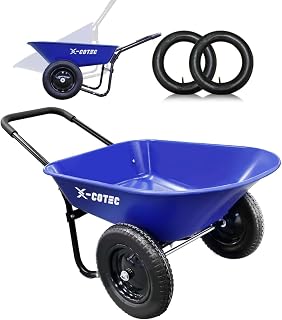 X-COTEC Wheelbarrow 2 Wheels 90L 150KG with 2 Inner Tube Heavy Duty Toughened Plastic Tray Home Garden Cart with All Terrain Pneumatic Tyres