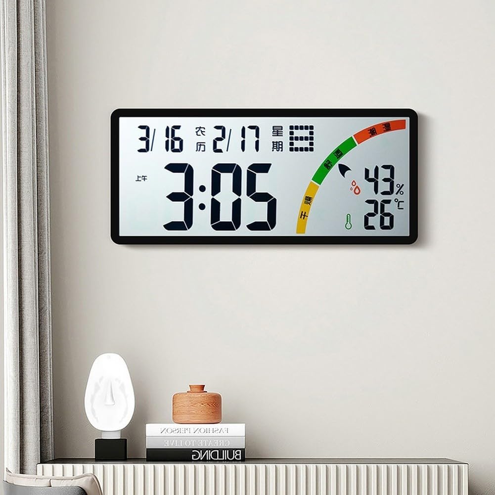 Orologio LCD di grande formato per uso da parete o scrivania, con calendario lunare, temperatura e umidità, allarme e cronometro (8304 nero)