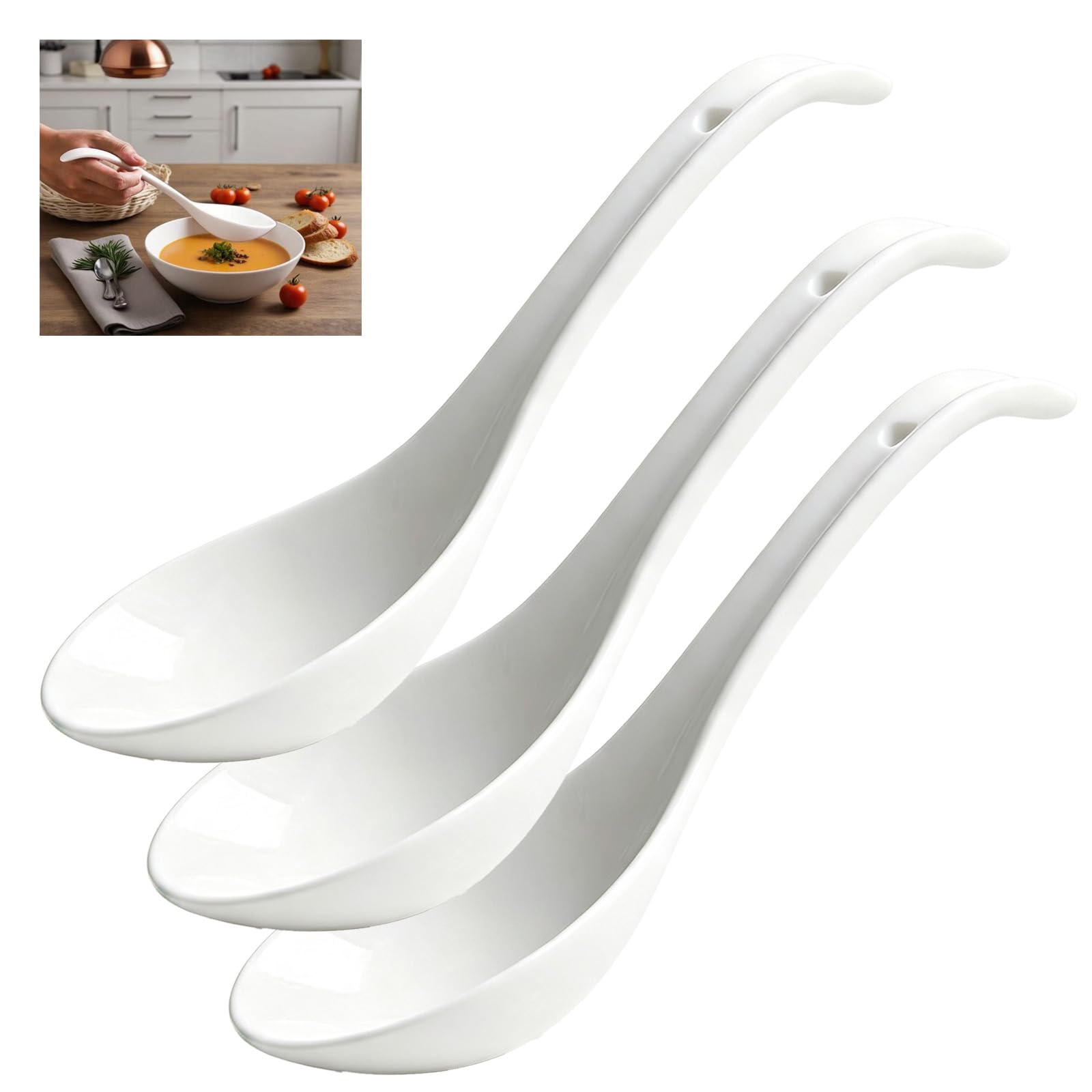 Cuchara Sopa Porcelana Hueso 10,24" con Mango Largo y Gancho Oval Profundo (3pcs)