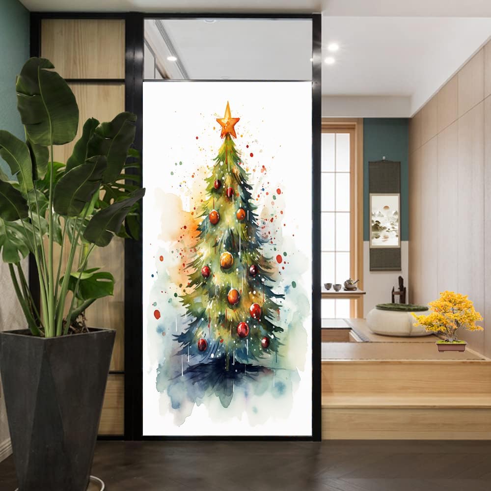Exquisite Christmas Tree Window Privacy Film Green Shiny Pretty Colored Lights Graffiti Stained Glass Window Film Decorative Window Cling for Home Window&Glass Door, Sun Blocking 35.4Wx63L