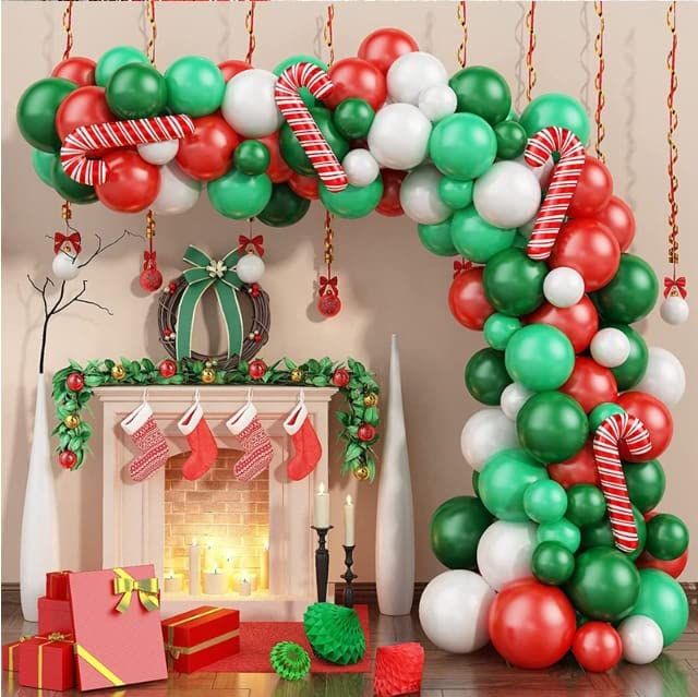 Y&L 128Pcs Christmas Balloon Arch Kit with Pump. Red, Green & White Christmas Balloons Garland Kit, Cane Candy Foil Balloons, Christmas Balloons Decorations for New Year, Xmas Holiday, Party Décor.