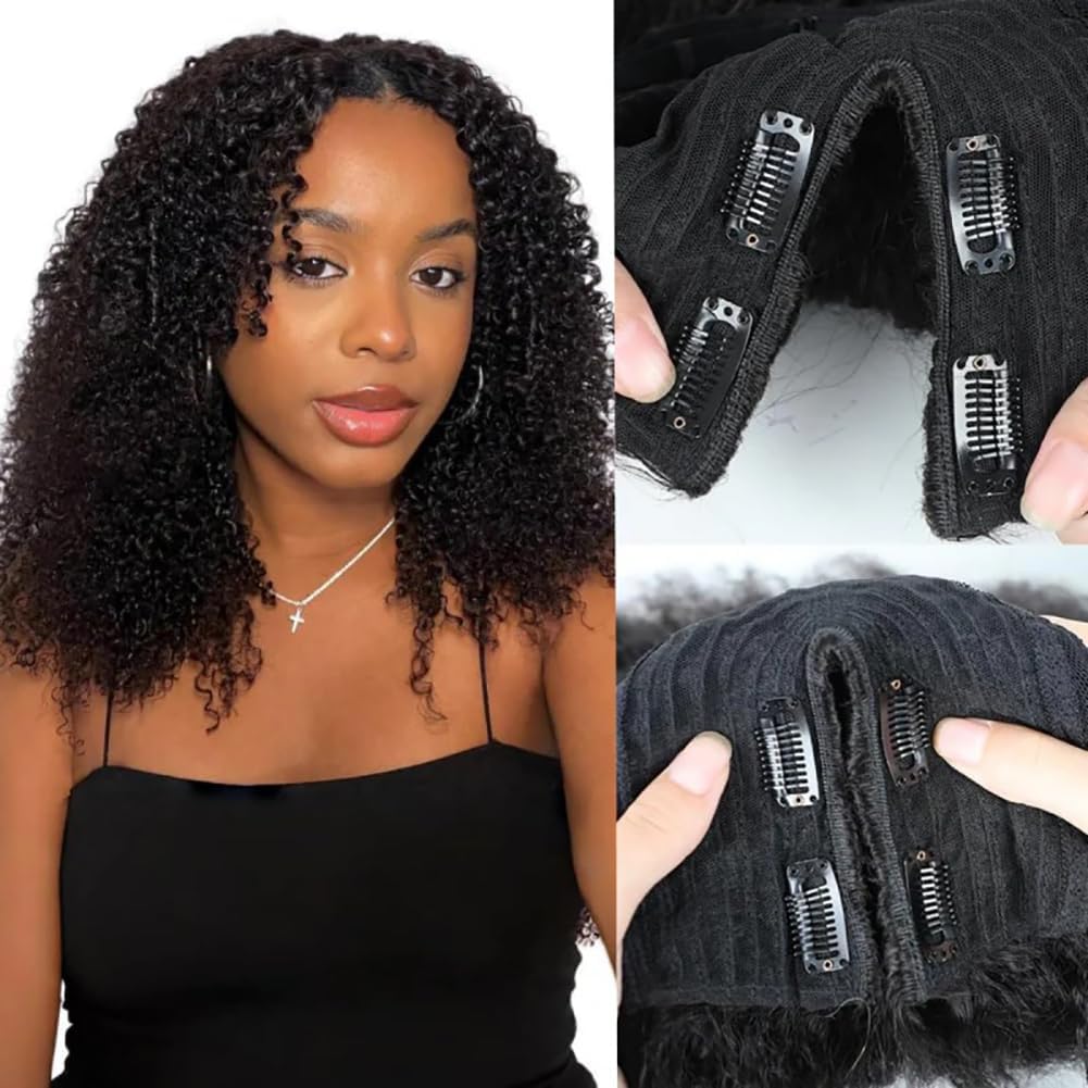 V Part Wig Human Hair Kinky Curly for Black Women Human Hair Glueless V Part Human Hair Glueless Wig With Elastic Drawstring Kinky Curly Human Hair Wig Beginner Friendly (16 inch)