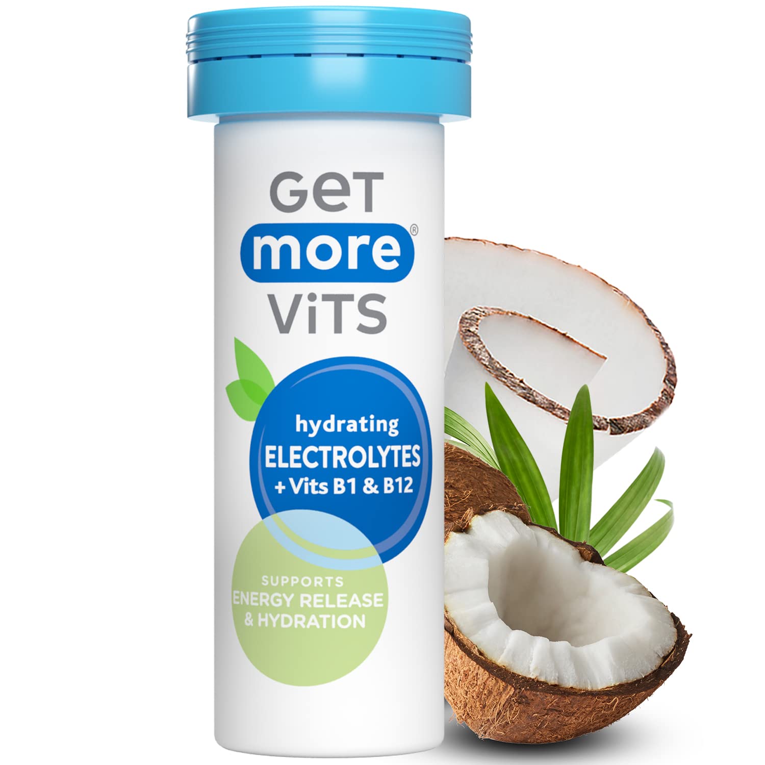 Get More Vits Hydrating Electrolytes & B Vitamins Effervescent Tablets - Coconut Flavour, Sugar Free, Supports Energy Release & Rehydration, One a Day, Dissolve in Water (30 Tablets)