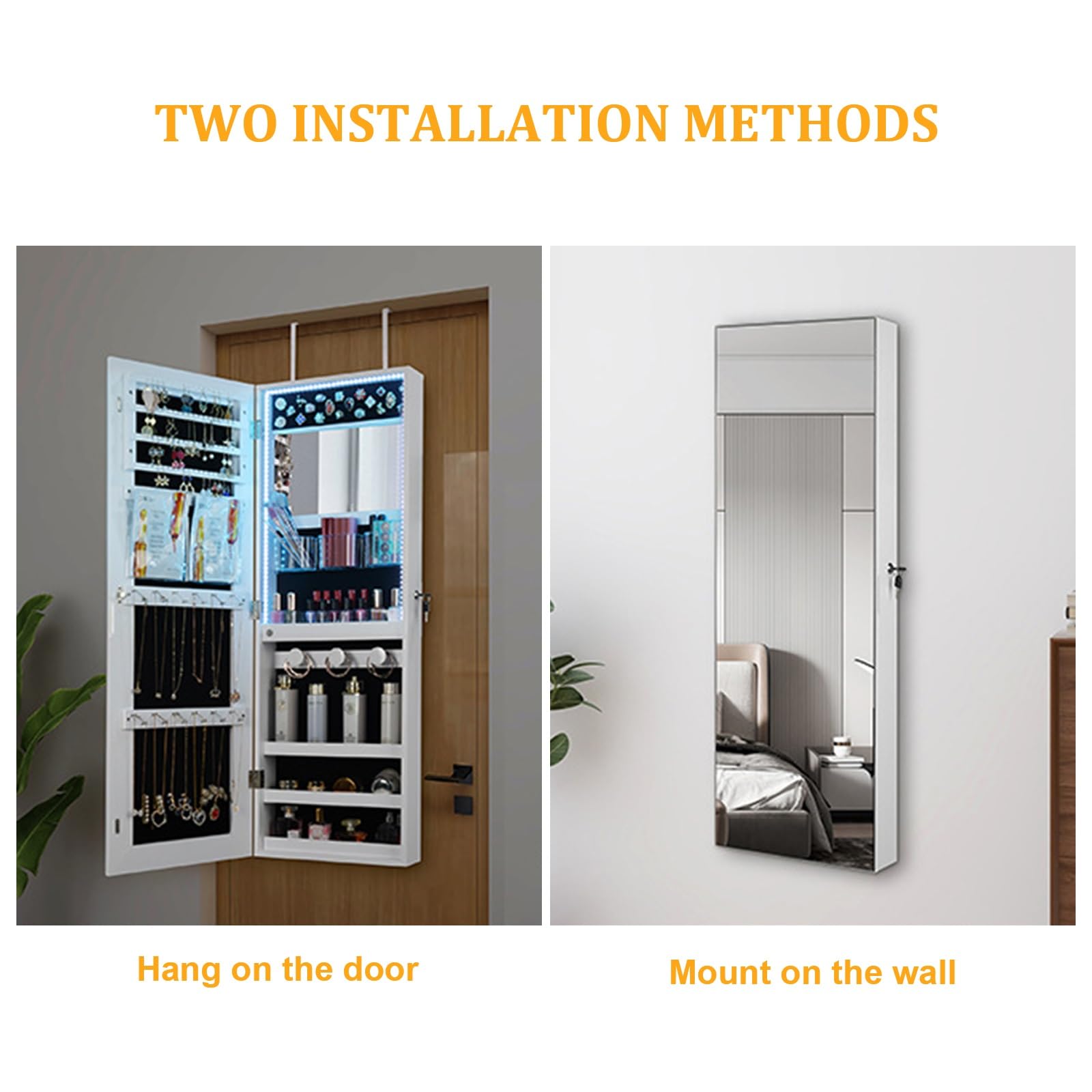 Espejo joyero LED de 108 cm (42,5"), para Pared o Puerta, con Espacio de Almacenamiento para Sala de Estar y Dormitorio (Blanco)