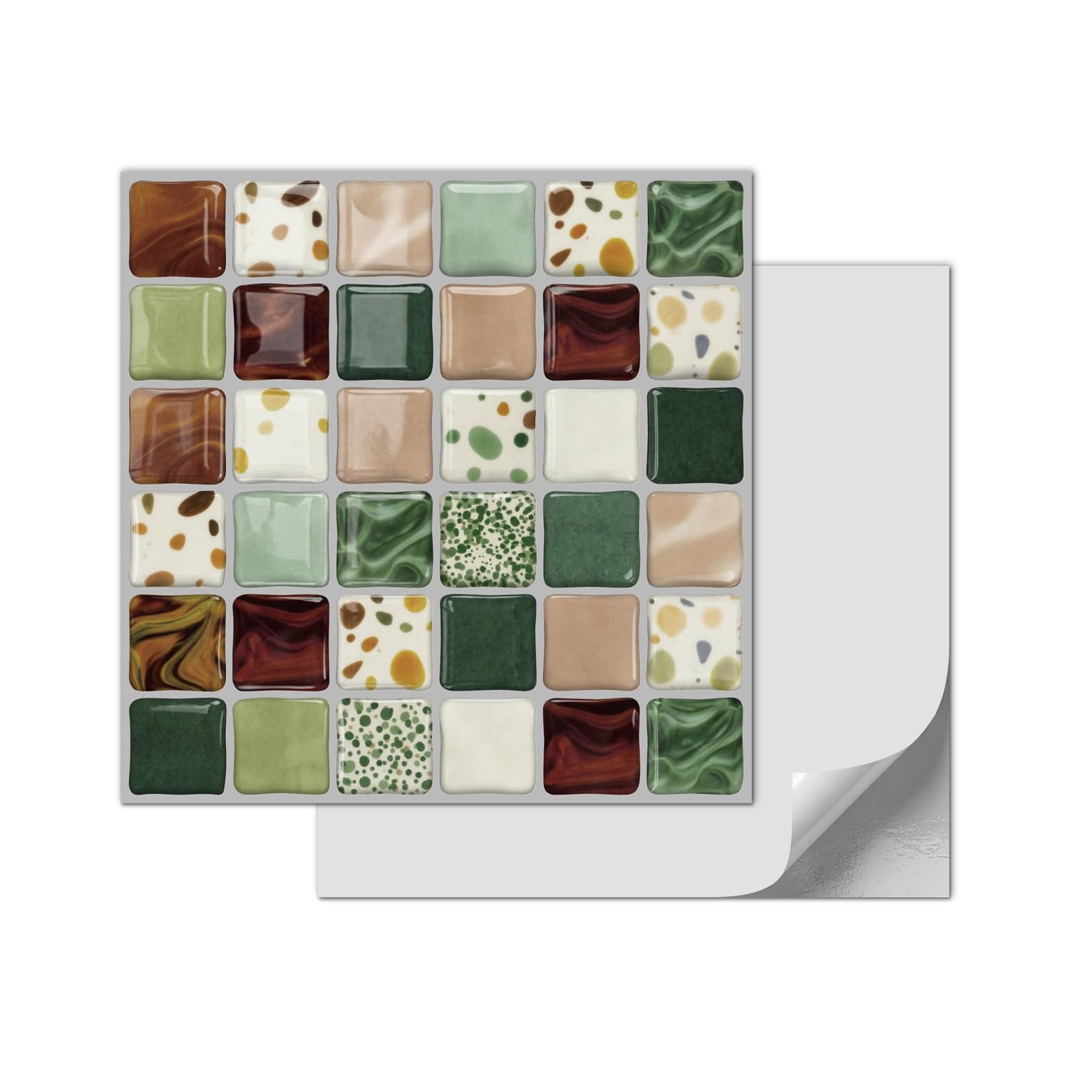 Alwayspon 15x15cmx10Pcs 3D Mosaic Self Adhesive Wall Tile Sticker Transfers, Peel and Stick Adhesive Waterproof Splashback Stick on Tile Decals for Kitchen Bathroom Wall, Wave Point Brown Green โ image 1