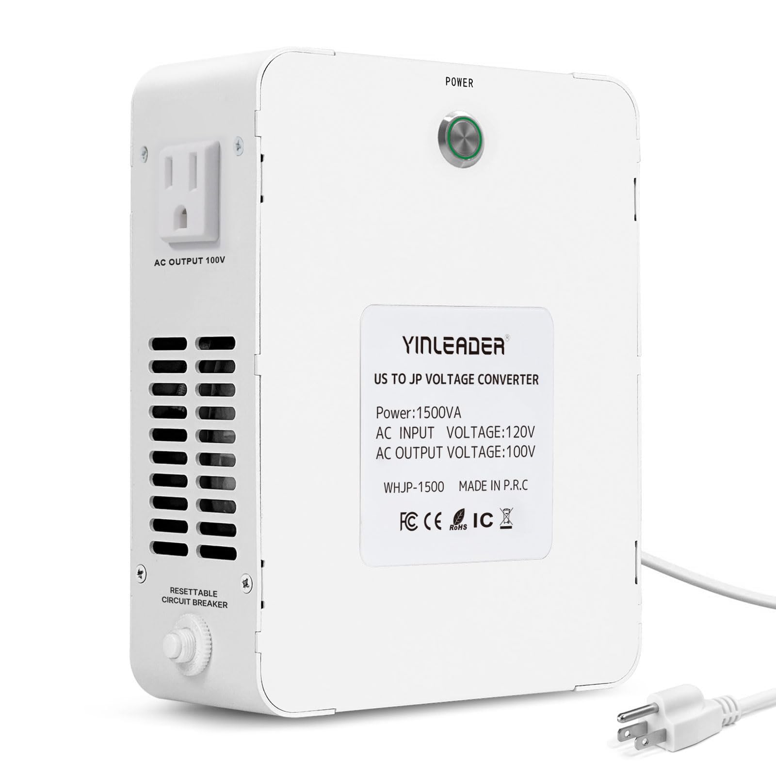 Photo 1 of Yinleader 1500W US 120V to 100V JP Japan Voltage Converter Step Down Transformer Ideal for Japanese Electronic Devices(White)