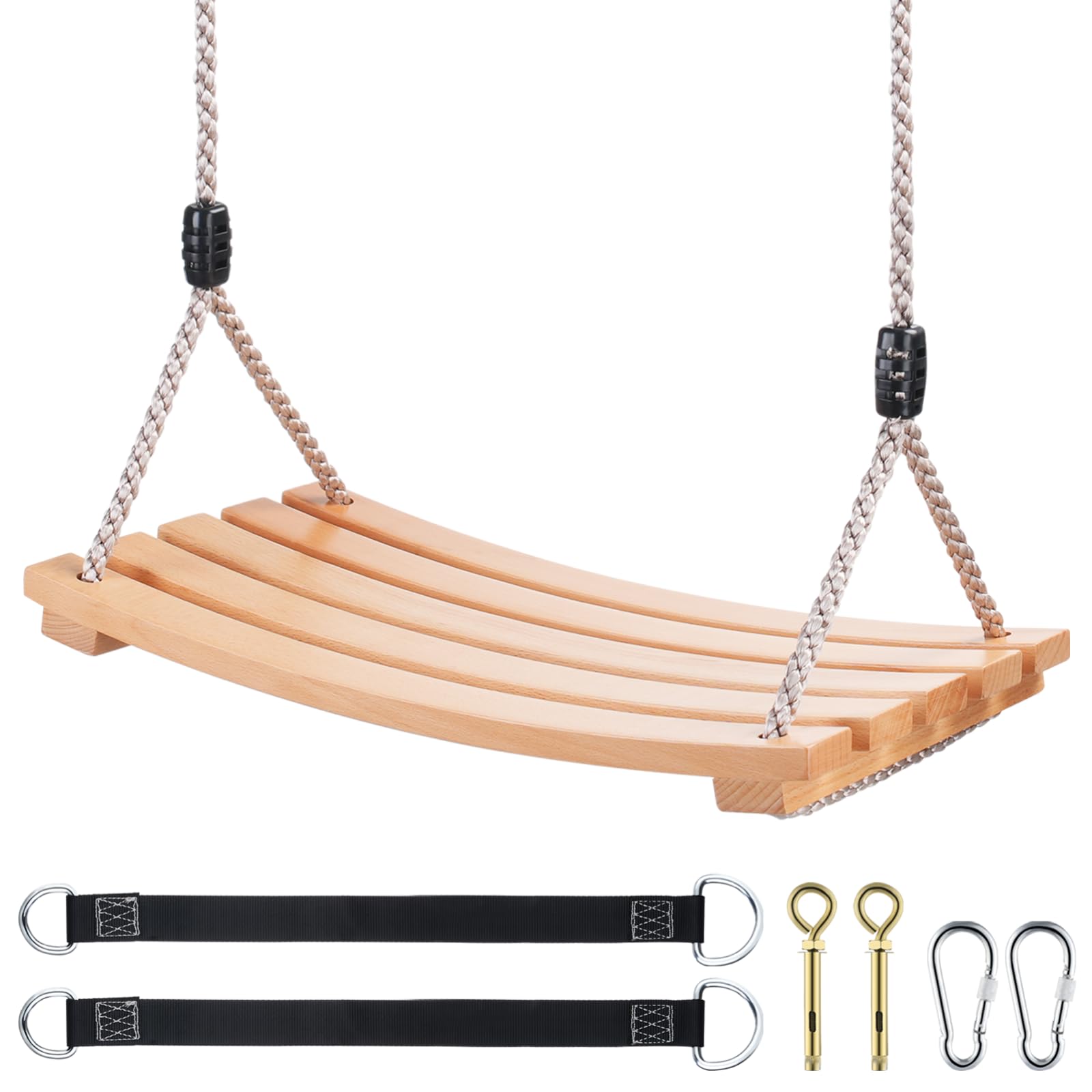 Wooden Tree Swing,Wooden Swing for Adults/Kids with 500lbs Load Capacity,Adjustable Hemp Rope Plus Tree Straps 100 inch, Hanging Wooden Swing for Indoor, Outdoor, Garden,Yard,Backyard (Curved Wooden)