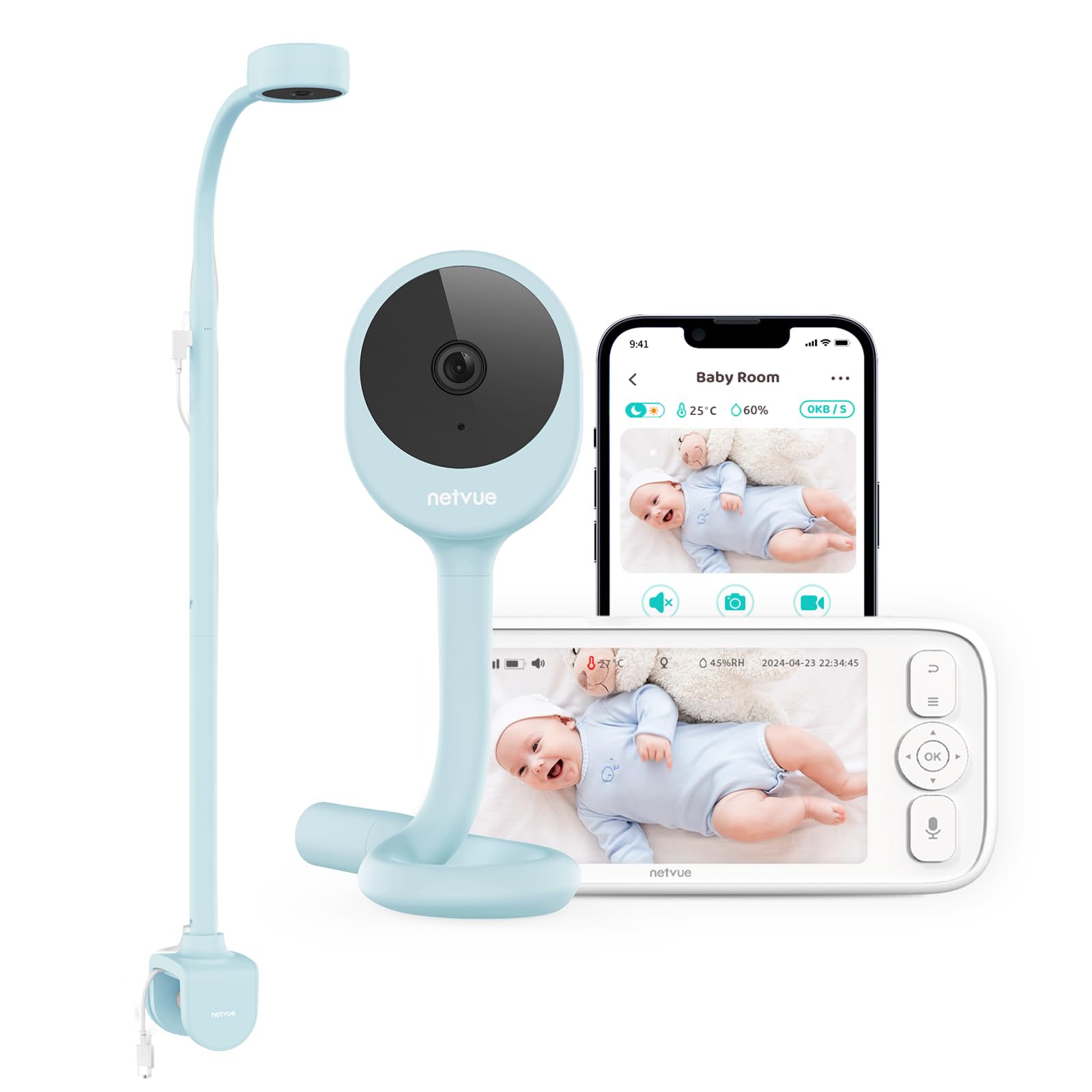 NETVUE Bleu Babyphone Camera 1080P avec Support 4 en 1, sans Fil 5" Babyphone 5000mAh, sans WiFi Camera Bebe avec App, Vision Nocturne, Audio Bidirectionnel, Détection des Pleurs, Mode VOX