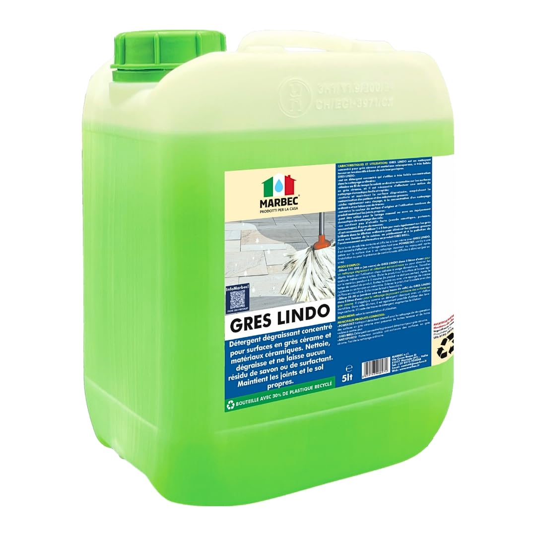 MARBEC GRES LINDO 5LT Nettoyant pour sols en grès cérame nettoie, dégraisse sans résidus. Maintient les sols et les joints propres. Idéal pour un usage quotidien.