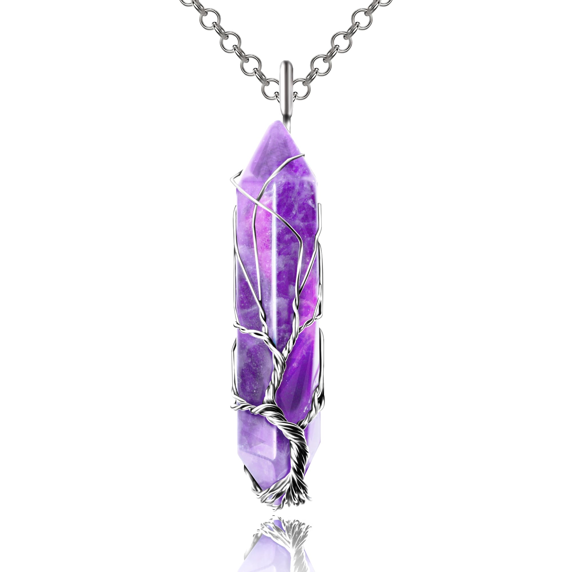 JSHYGOUP Amethyst Necklace Tree of Life Hexagonal Gemstone Pendant Natural Crystal Pendant Reiki Energy Jewelry Gift for Men and Women