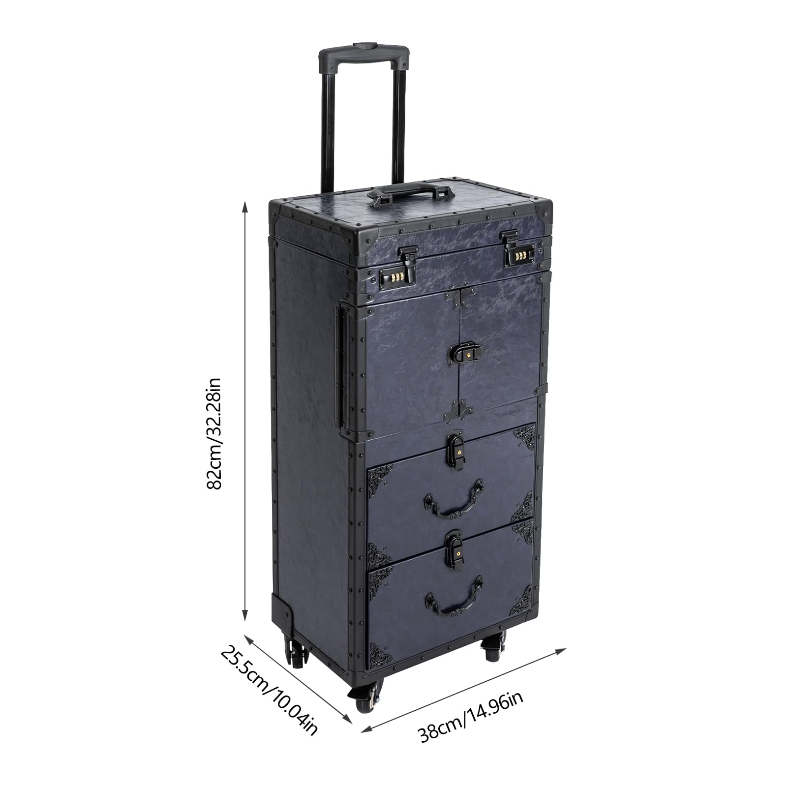 TITIDU Retro Blue Makeup Case Trolley with Combination Locks, 4 Universal Wheels & Large Capacity, PU & Metal Construction, for Hair Stylists, Makeup Artists, and Beauty Professionals