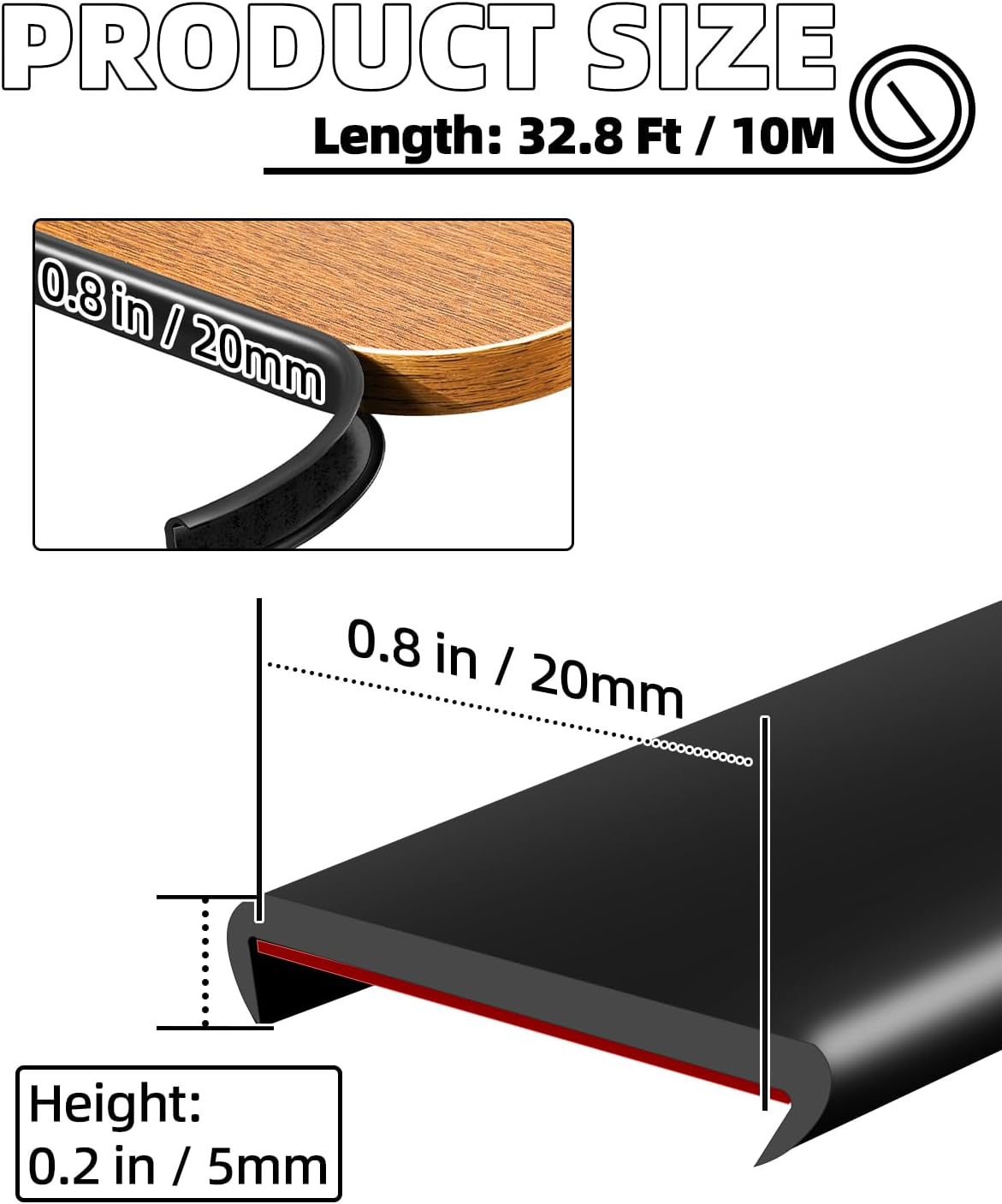 U-Shape Black TPE Edge Banding 32.8Ft Self-Adhesive Flexible Edge Trim, Furniture Edge Protector & Countertop Molding (W:0.8'' H:0.2'')