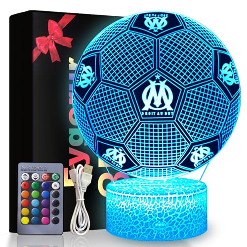 Eygerur Marseille Football Veilleuse 3D LED Enfants, Surprise Cadeau Foot Garcon 3 4 5 6-12 Ans, 16 Couleurs USB Smart Remote Control Football Lampe,...