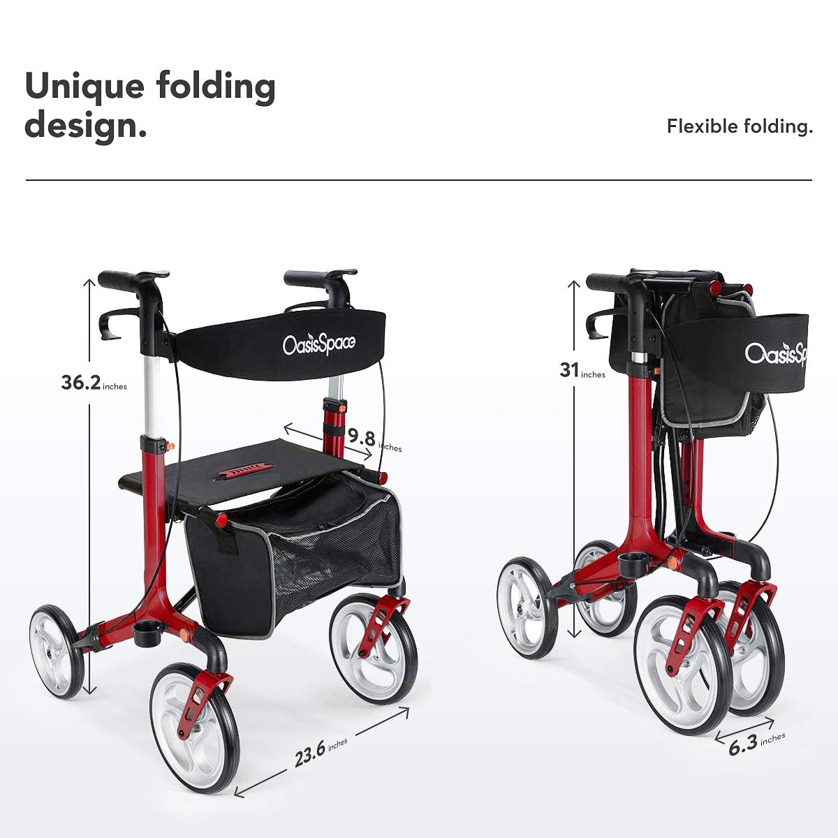 Buy OasisSpace Aluminum Rollator Walker with Seat, Folding Rollator Walker with 10inch Front