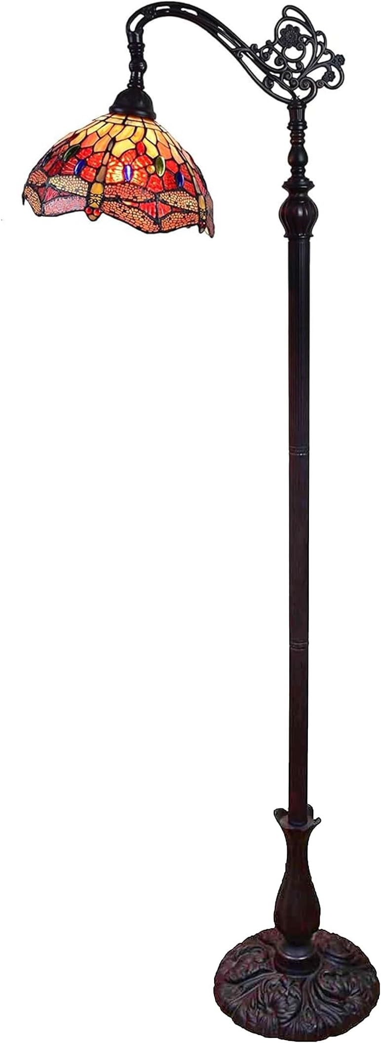 Amora Tiffany Style Floor Lamp Arched Adjustable 62" Tall Stained Glass Red Yellow Green Dragonfly Antique Vintage Light Decor Bedroom Living Room Reading Gift AM079FL10B Lighting