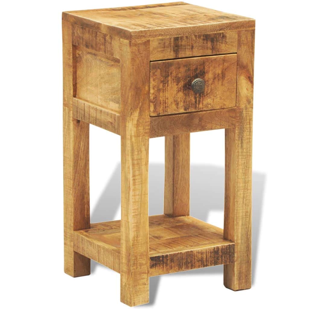 Beistelltisch aus massivem Mangoholz mit Schublade und unterer Ablage, ideal als Nachttisch oder neben der Couch für Schlüssel, Notizblöcke und Dekoartikel.