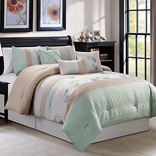 Chezmoi Collection Napa 7-Piece Luxury Leaves Scroll Embroidery Bedding Comforter Set (California King, Green/Beige/Light Gray)