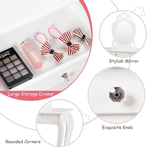 Miniatura 3 de HONEY JOY Juego de tocador para niños con espejo, mesa de tocador de madera con taburete y cajón, parte superior extraíble, juego de tocador de