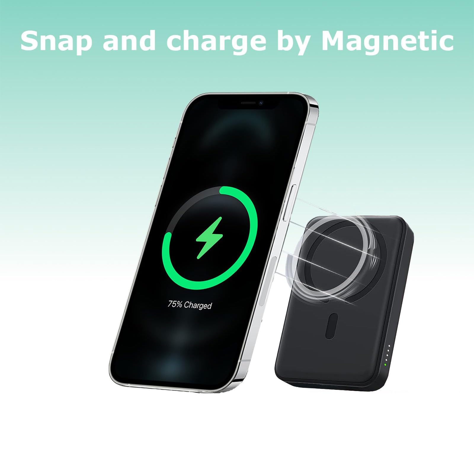 JCK Magnetic Portable Power Bank 5000mAh 22.5W for iPhone Series 15/15 Pro/15 Plus/16/16 Pro/16 Pro Max/14/14 Pro/13/13 Pro/12/12 Pro Fast Charging Power Bank with USB-C Port(Black)