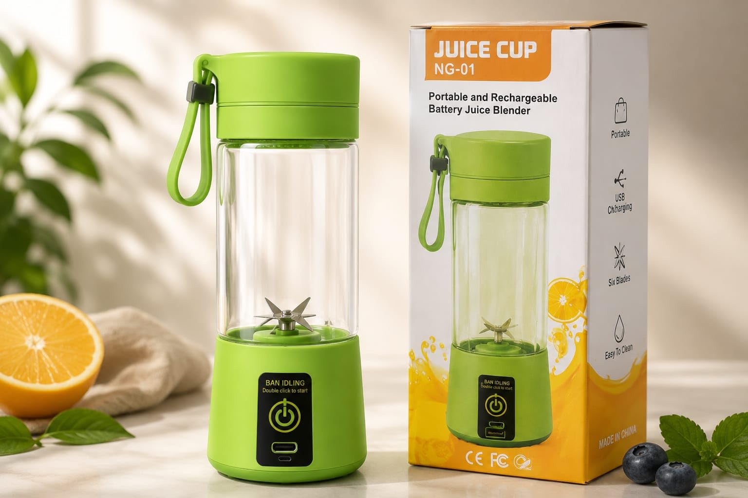 juice cup ng-01 portable rechargeable battery blender, green | usb charging, six blades, easy to clean, carry strap included, double click to start