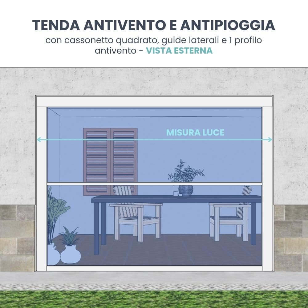 TENDAGGIMANIA Tenda da esterno impermeabile Antivento e Antipioggia Trasparente ERMETICA - Misura 350CMX250CM Tenda Crystal PVC con cassonetto, guide laterali antivento e 1 stecca Personalizzabile
