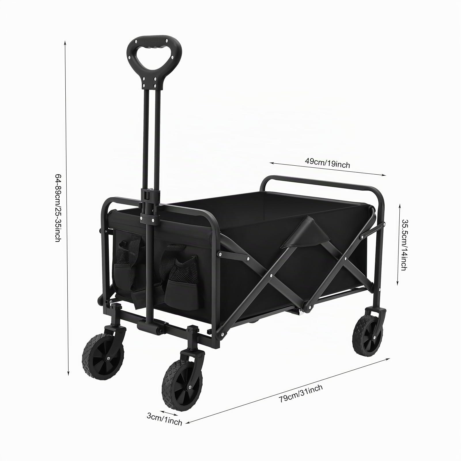 Carrello pieghevole con portabicchieri e maniglia regolabile, carrello pieghevole come carrello da trasporto e carrello da spiaggia per esterni, campeggio, shopping, giardino, portata 80 kg, nero