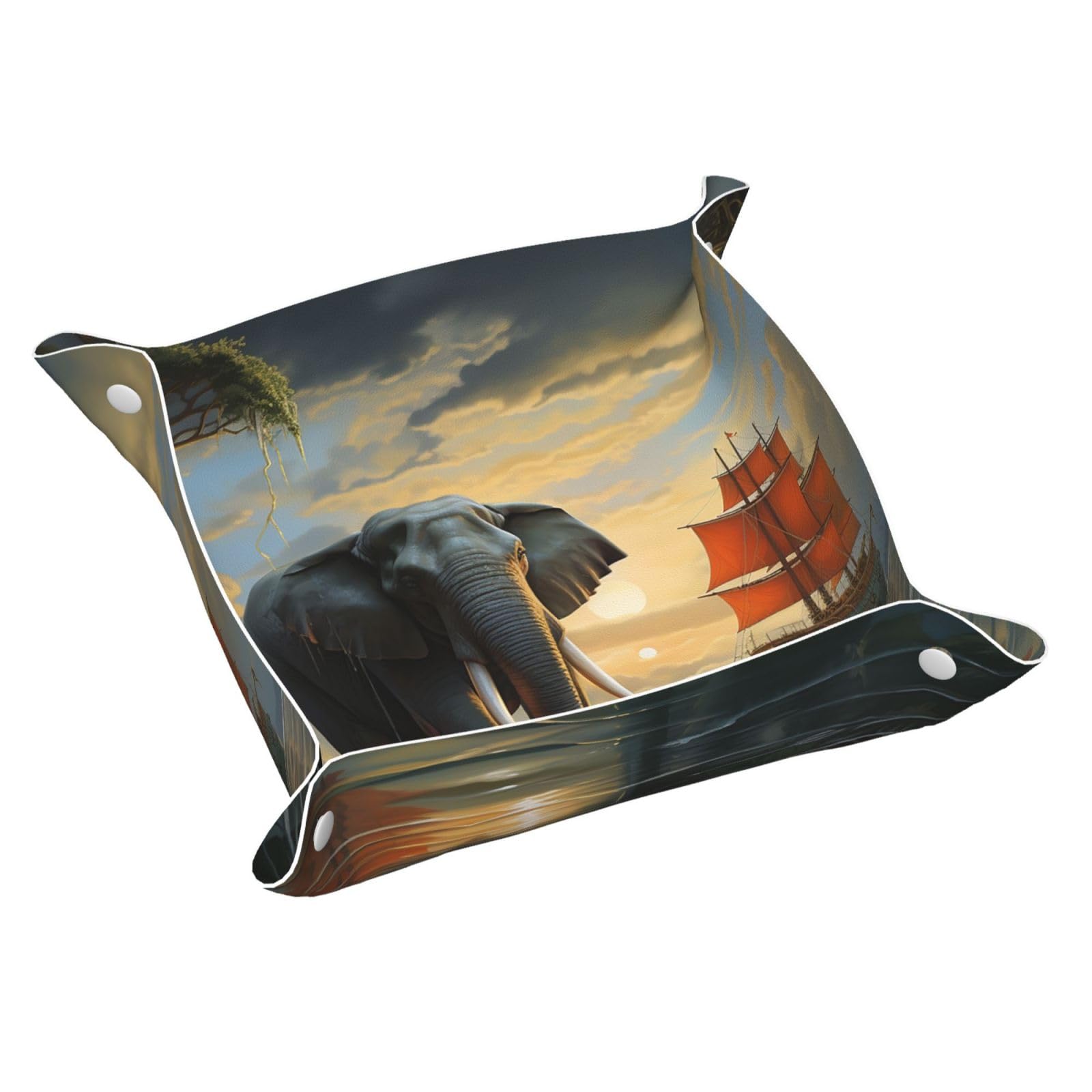 Small Valet Tray Desktop Storage Organizer, Pu Leather Catchall Bedside Vanity Tray Elephant Look At The Sailboat Nightstand Caddy Holder for Remote Controller, Keys,Coin, Jewelry