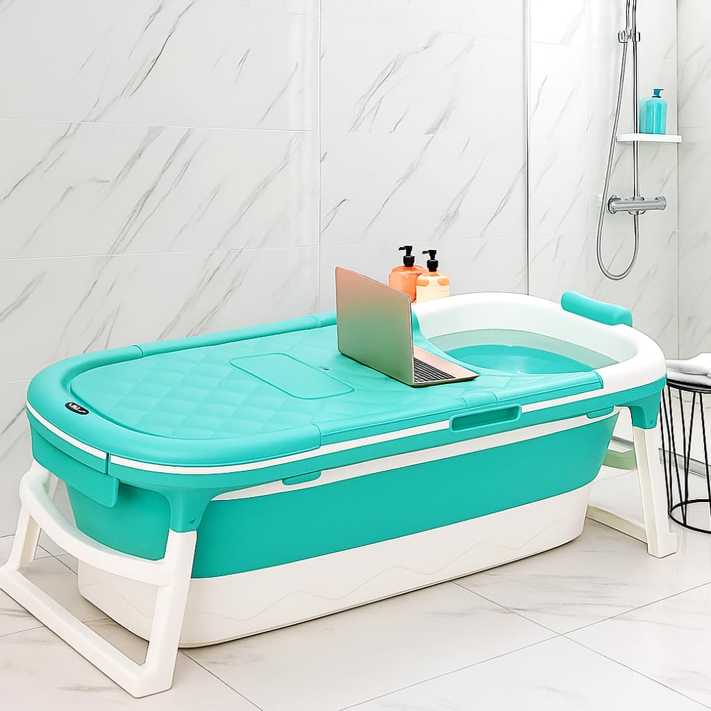 large Bathtub for Adults 6 Feet Large Folding 150L×62W×50H CM Bathing Tub For Bathroom with Temperature Meter Pillow Hot, Portable Spa ice bath tub for adults big size (Sky Blue - 148 CM)