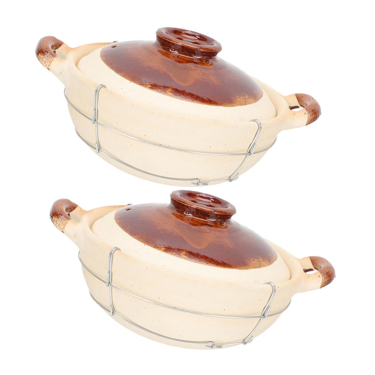 Mikinona 2 Cazuelas de Barro Beige con Tapa para Cocinar Sopas, Preparación Individual y Agarre Seguro en Cocinas Domésticas