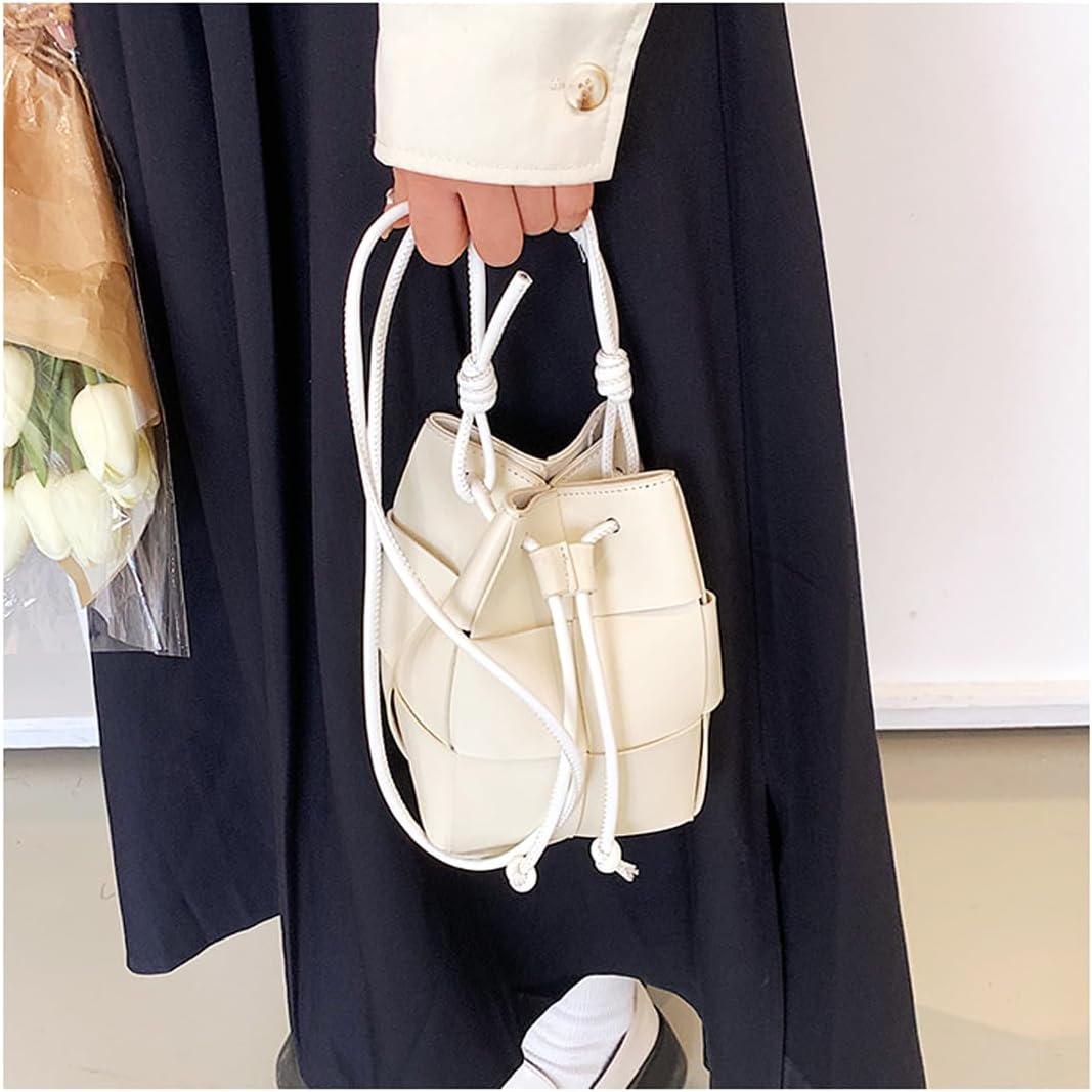 Mini Woven Bucket Bag for Women, PU Leather Small Hobo Handbag Square Lattice Drawstring Crossbody Handbags Soft - Image 7