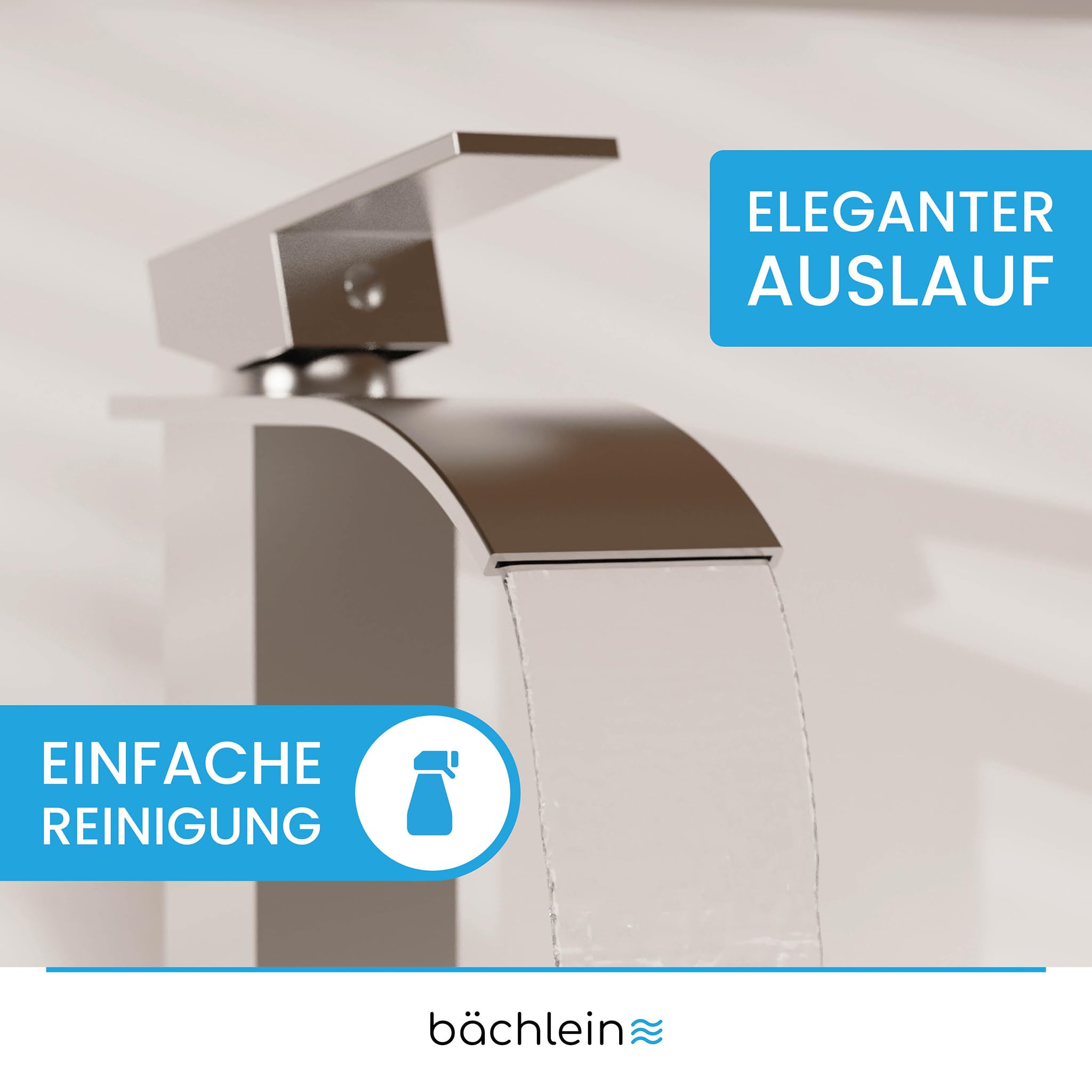Bächlein Bateria łazienkowa Tamina w stylu wodospadu, jednouchwytowa bateria z trwałym wkładem ceramicznym i zestawem montażowym, bateria łazienkowa ze stali nierdzewnej