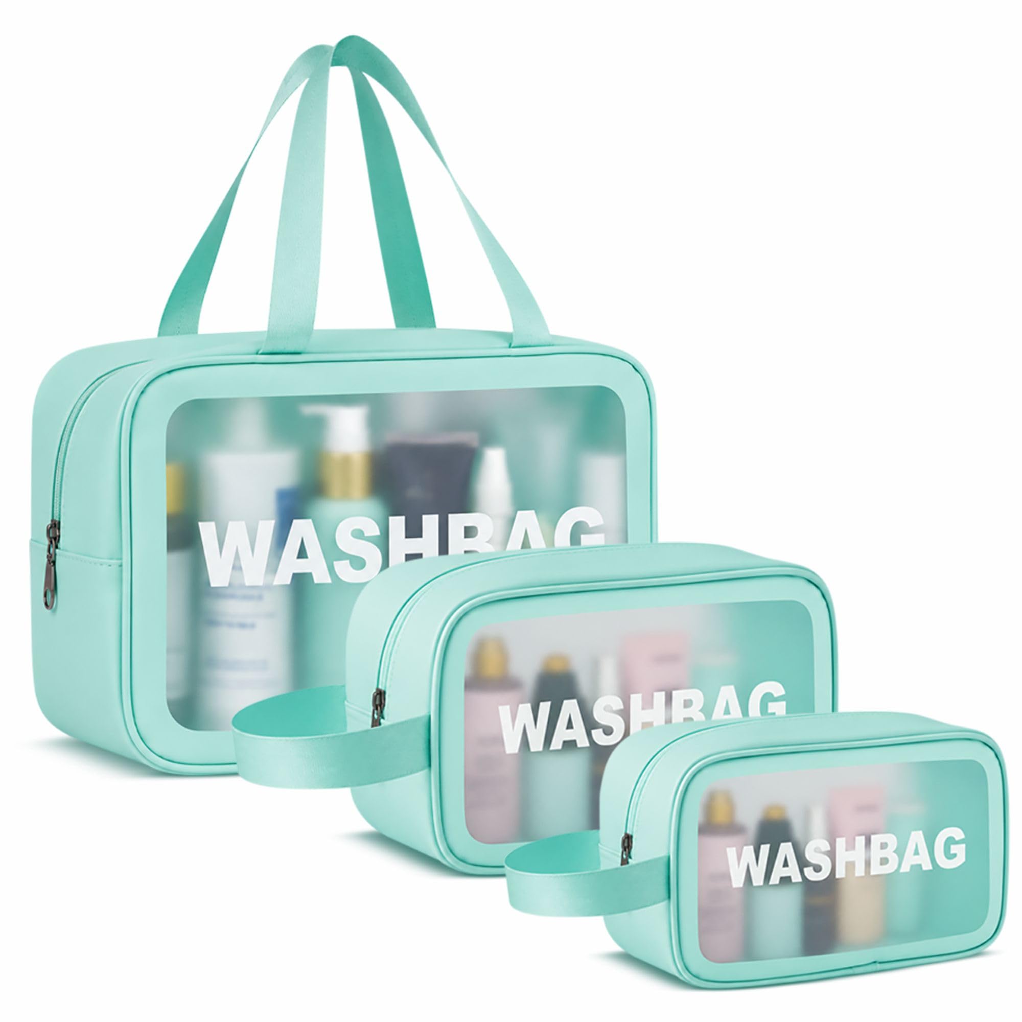 FLYNGO Clear Makeup Pouch Set of 3 Teal, Cosmetic Organizer Bag for Women and Girls Travel Waterproof Toiletry Storage Kit