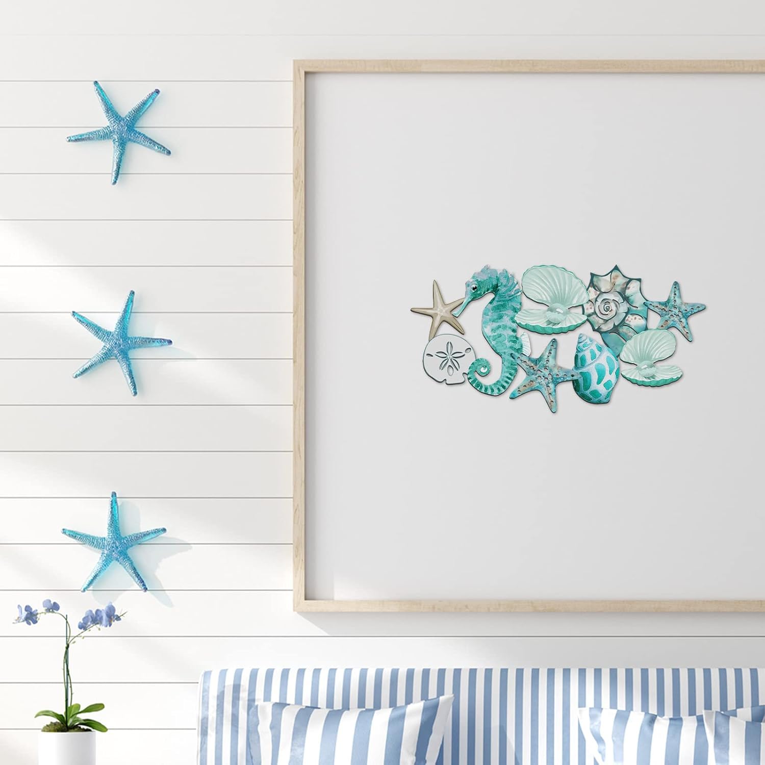 Pinkunn Metal Beach Wall Decor Seashell Beach Themed Bathroom Decor Rustic Nautical Ocean Coastal Starfish Seahorse Themed Wall Art for Living Room Bathroom Bedroom,15.8 Inch(Aqua Blue) - Image 7
