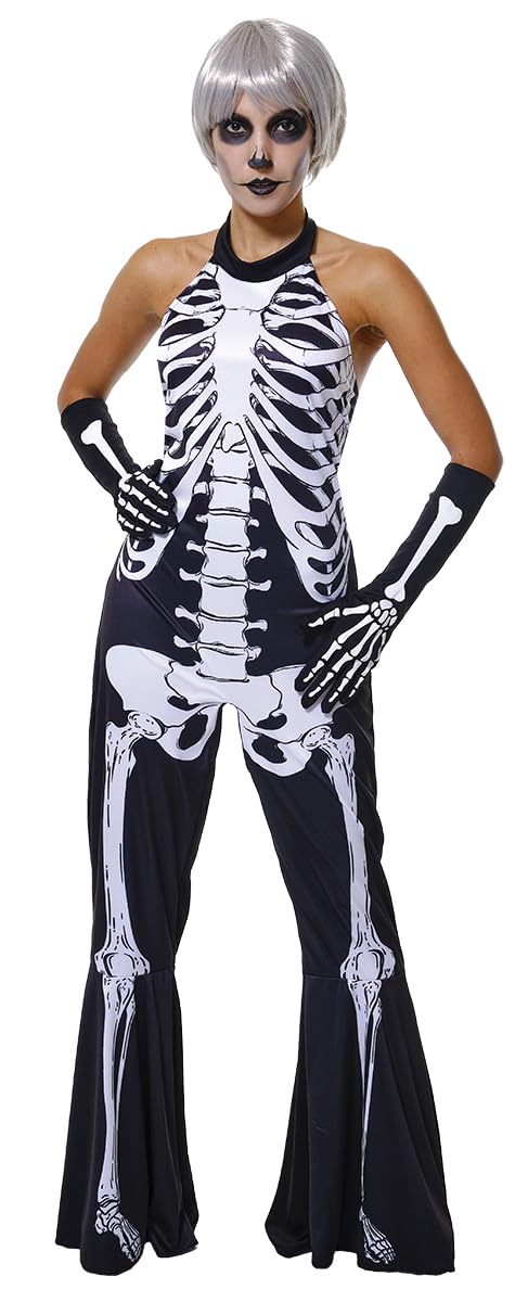 Rubies Skelita 70s Disfraz Esqueleto para mujer, Jumpsuit con pantalones de campana y guantes, Oficial Halloween, Carnaval, Fiestas y Cosplay, Talla única