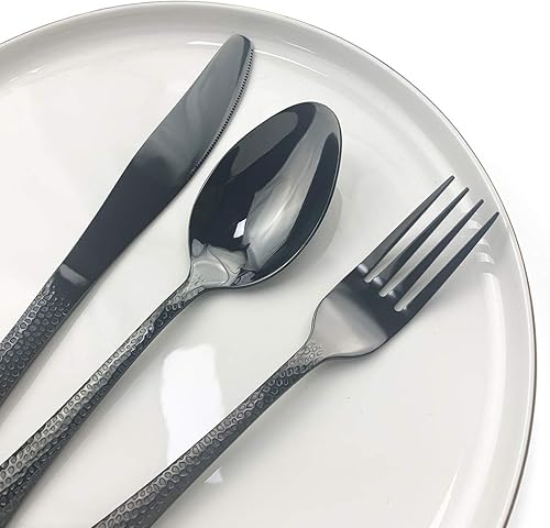 Miniatura 5 de JASHII Juego de cubiertos de 4 piezas de acero inoxidable negro forjado con mango martillado, servicio para 1 pulido de espejo, apto para