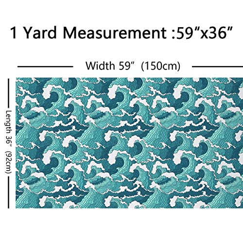 Ocean Waves Fabric by The Yard,Japanese Hokusai Style Upholstery Fabric for Chairs,Nautical Exotic Marine Sea Wave Waterproof Outdoor Fabric,2 Yards,(L184*W150cm) Teal White - Image 2