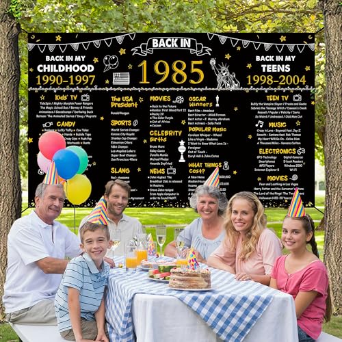 Image of DARUNAXY 41st Birthday Black Gold Party Decoration, Back in 1985 Banner Cheers to 41 Years Old Birthday Party Poster Supplies, 6 * 3.6FT Vintage 1985 Backdrop Photography Background for Men and Women