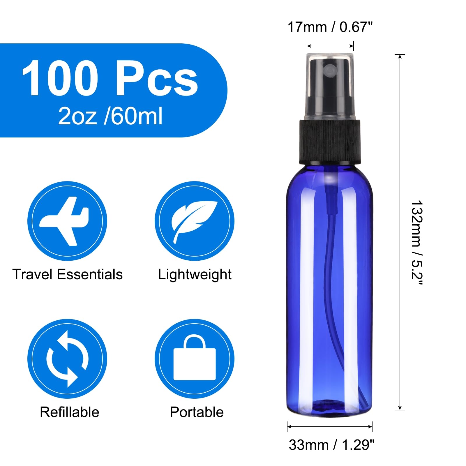 QUARKZMAN 100 Pack Bouteilles Vaporisatrices, 2 Oz/60ML Reutilisables Transparentes Vides Brumisatrices en Plastique Mini Voyage Set, Petits Contenants Liquides Rechargeables(Bleu Noir)