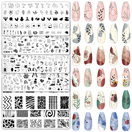 Whaline 6 Pcs Abstract Lady Face Nail Plates Stamping Set Boho Plant Stamp Templates Nail Art Plates for DIY Print Manicure Salon Design Gift Supplies