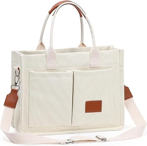 Canvas Tote Bag for Women Large Crossbody Shoulder Handbag Multiple Pockets - White