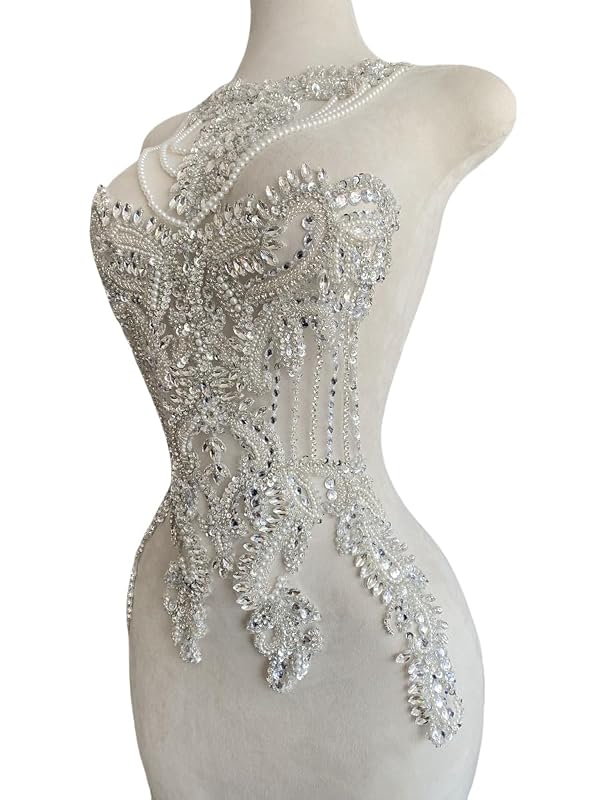 Jpumley.pksn Handmade Crystal on lace Applique Sewing Rhinestones Fringe Beads Sequins Patches Trim Luxury Decoration Accessories for Wedding Dress 15X23.6inches (Silver) by Jpumley.pksn - Used condition - Image 3
