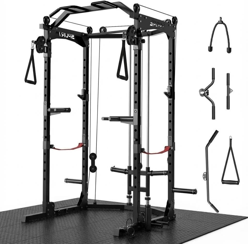 Power Cage for Home Gym with Dual Pulley Cable System, 1600LB Squat Rack, Multi-Functional Squat Cage with LAT Pulldown & Attachments, Weight Cage for Strength Workout