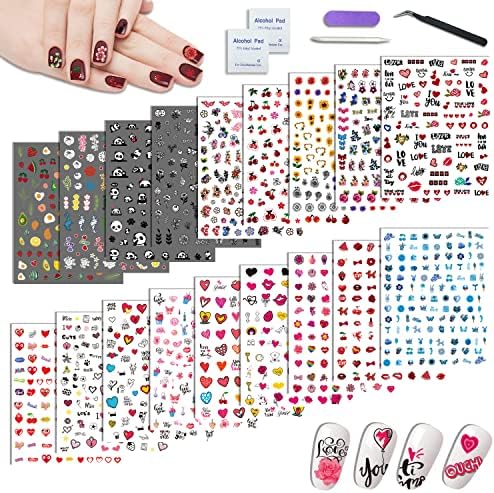18 Sheets Nail Art Stickers for Women Girls Kids, Panda Lips Sunflower Love Heart Fruit Self-Adhesive Nail Stickers for Nail Art Decoration with Tweezers and Sticks