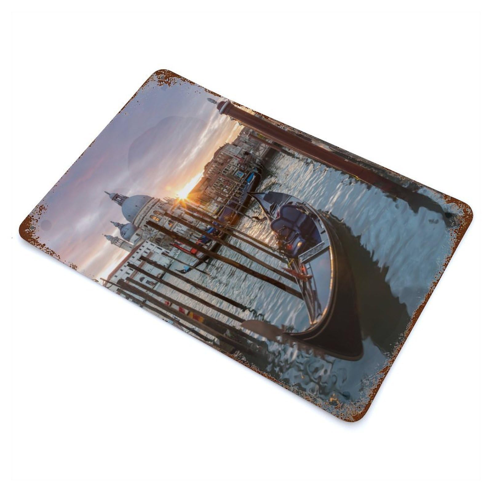 Rust Effect Gondola at Sunset Venice Aged Metal Wall Plaque 11.8"x7.9", Rustic Home Decor for Bistro, Counter And Cafe Decor