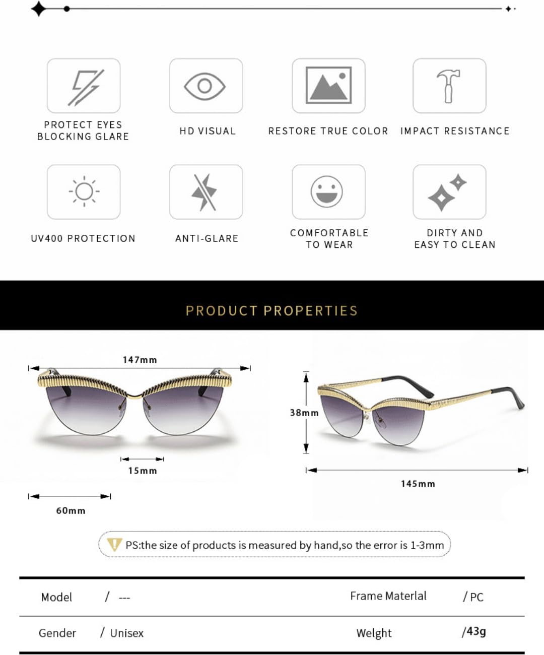 Gafas de sol unisex con borde de metal y ojo de gato, UV400 para conducir y