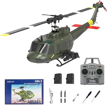 C032 UH-1 Huey RC Helicopter, 1/48 Sacle 2.4G 6CH Flybarless Remote Control Helicopter with 6-Axis Gyroscope Optical Flow Positioning and 2 Batteries for Adults and Teenagers Green